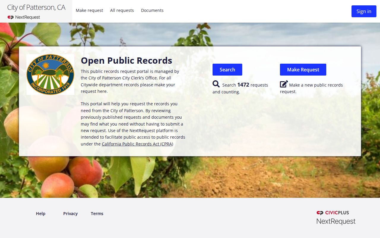 Patterson neighbors reference showing the City Clerk public-record request portal