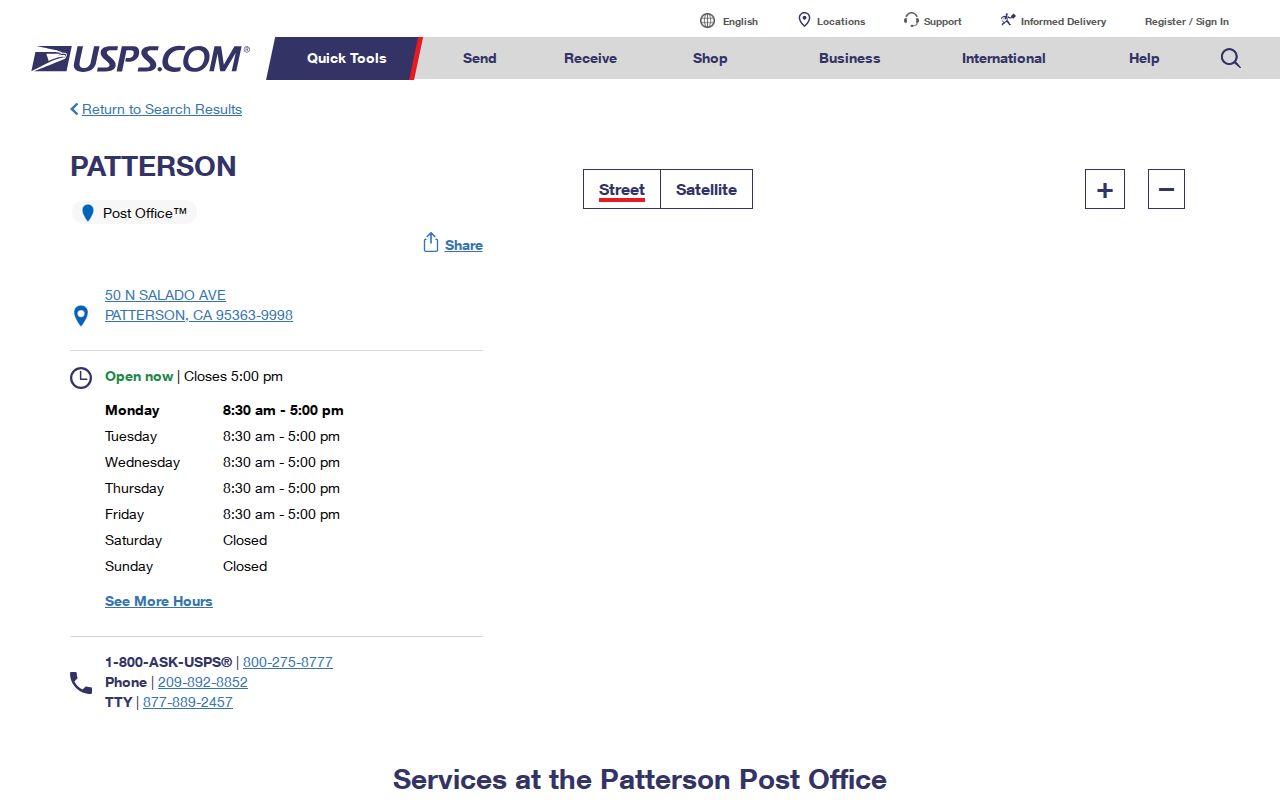 Patterson ZIP code directory reference showing the USPS Patterson Post Office listing